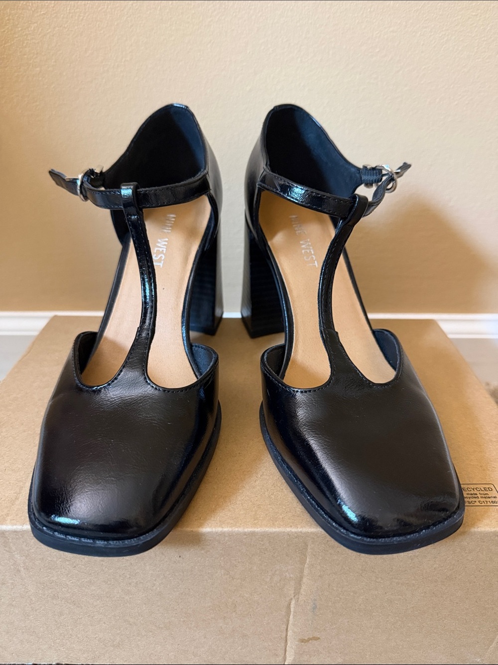 Nine West Black Patent T-Strap Block Heels